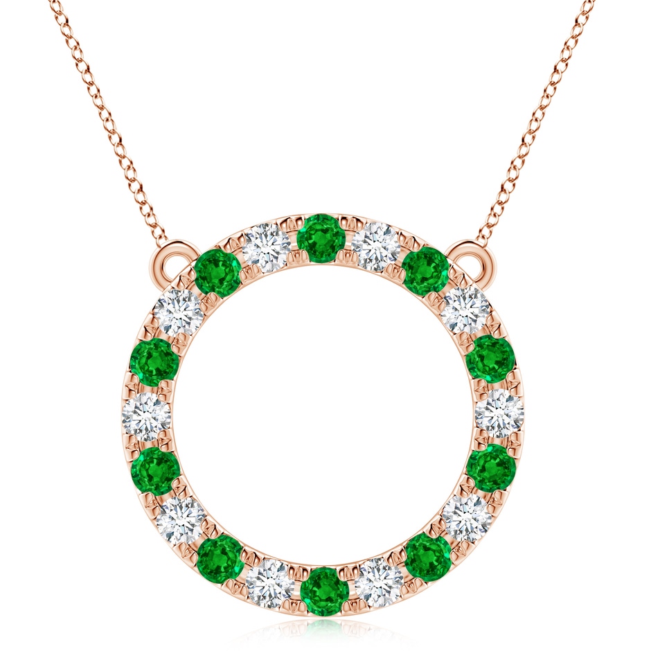 4mm AAAA Emerald and Diamond Open Circle Eternity Pendant in Rose Gold 