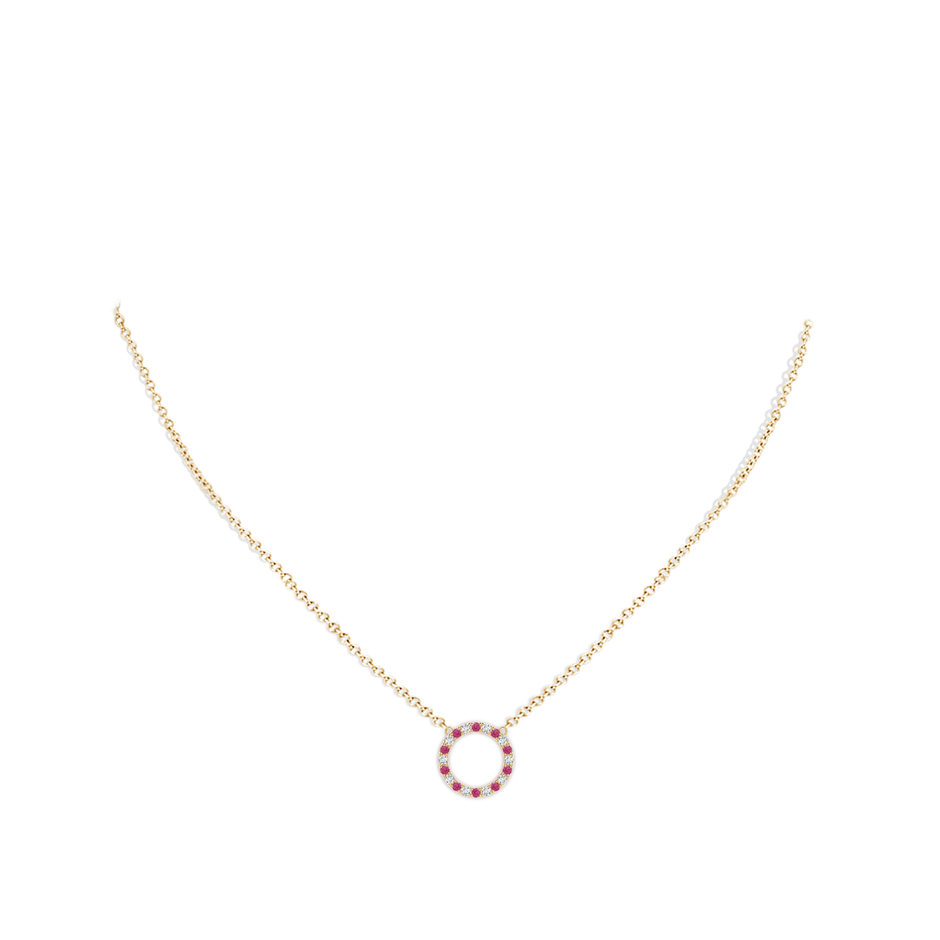1.5mm AAAA Pink Sapphire and Diamond Open Circle Eternity Pendant in Yellow Gold body-neck
