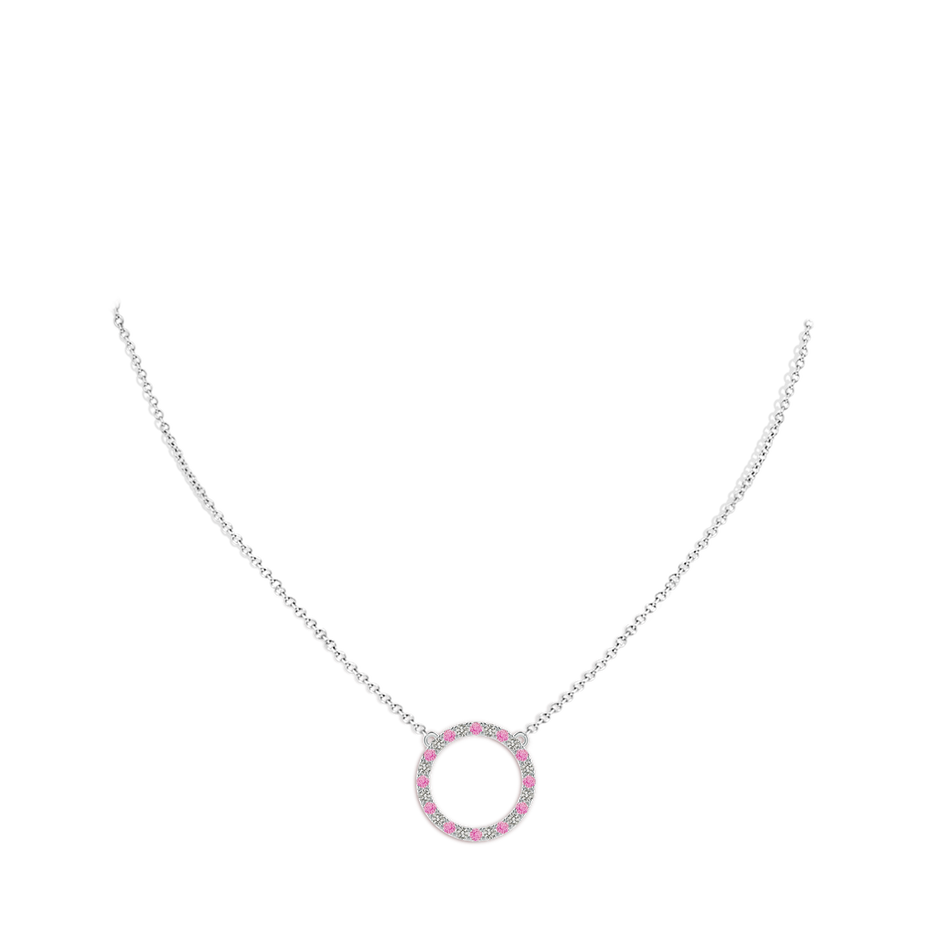 2mm A Pink Sapphire and Diamond Open Circle Eternity Pendant in White Gold body-neck