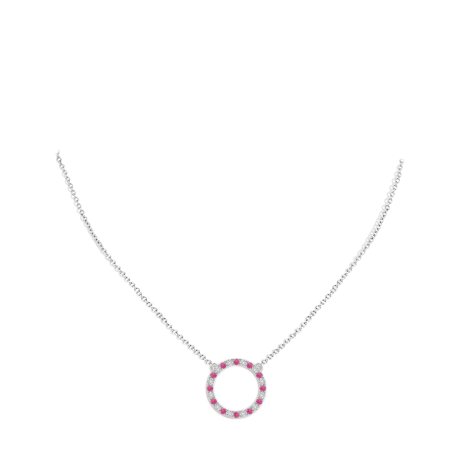 2mm AAA Pink Sapphire and Diamond Open Circle Eternity Pendant in White Gold - body_neck