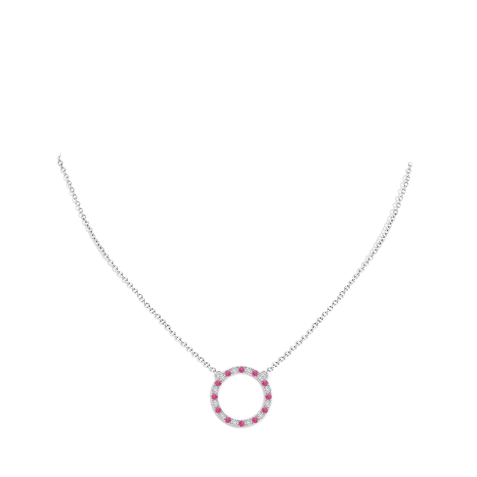 2mm AAA Pink Sapphire and Diamond Open Circle Eternity Pendant in White Gold body-neck