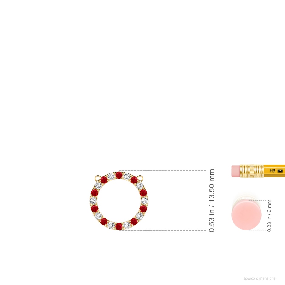 1.5mm AAA Ruby and Diamond Open Circle Eternity Pendant in Yellow Gold ruler