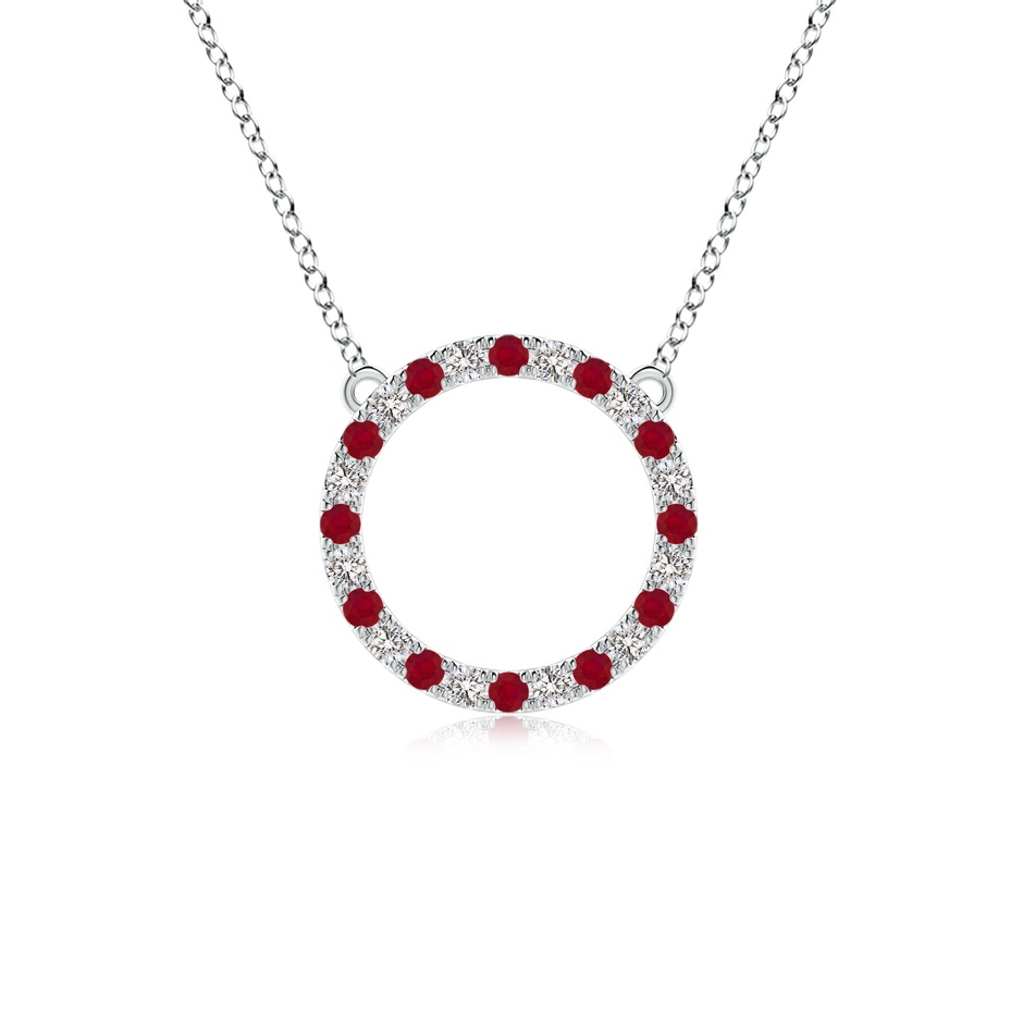 2mm AA Ruby and Diamond Open Circle Eternity Pendant in White Gold 