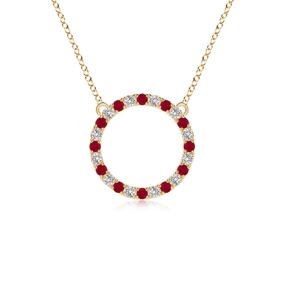 2mm AA Ruby and Diamond Open Circle Eternity Pendant in Yellow Gold 