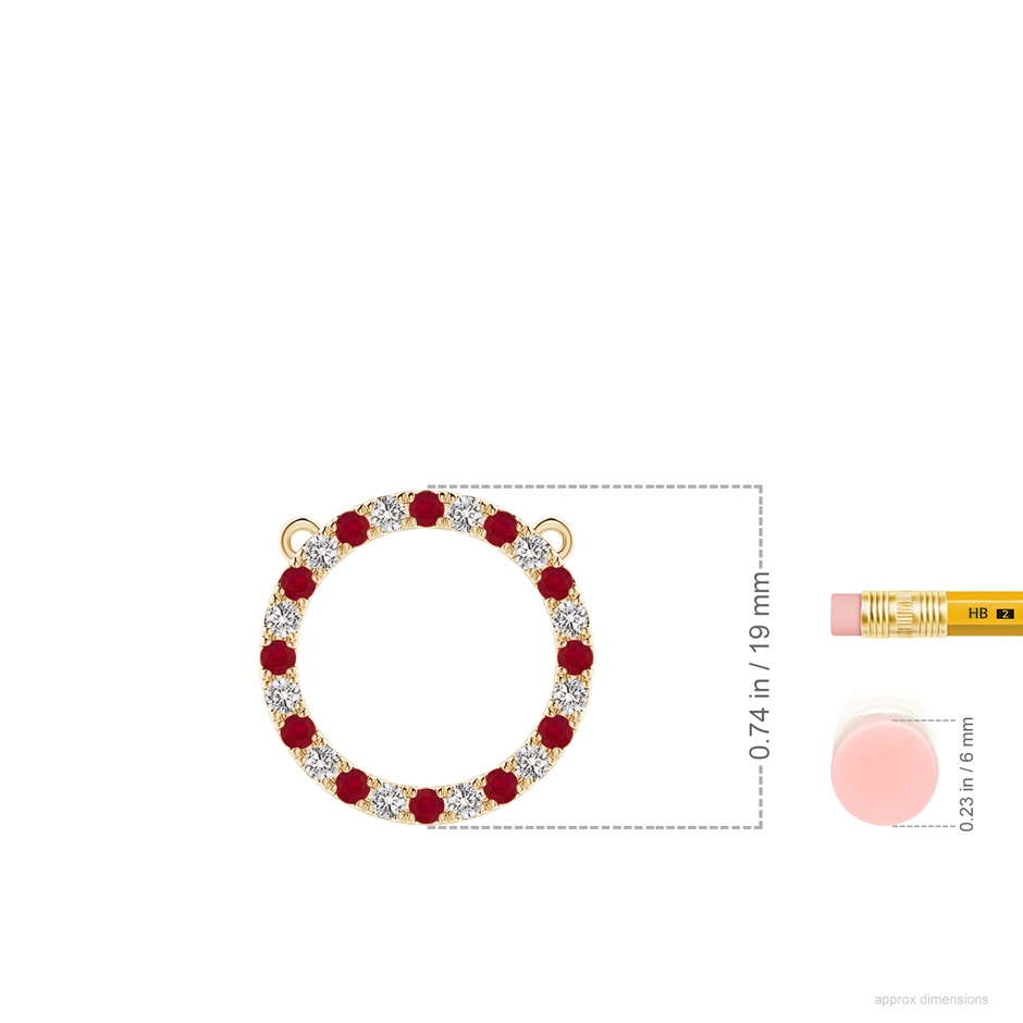 2mm AA Ruby and Diamond Open Circle Eternity Pendant in Yellow Gold ruler