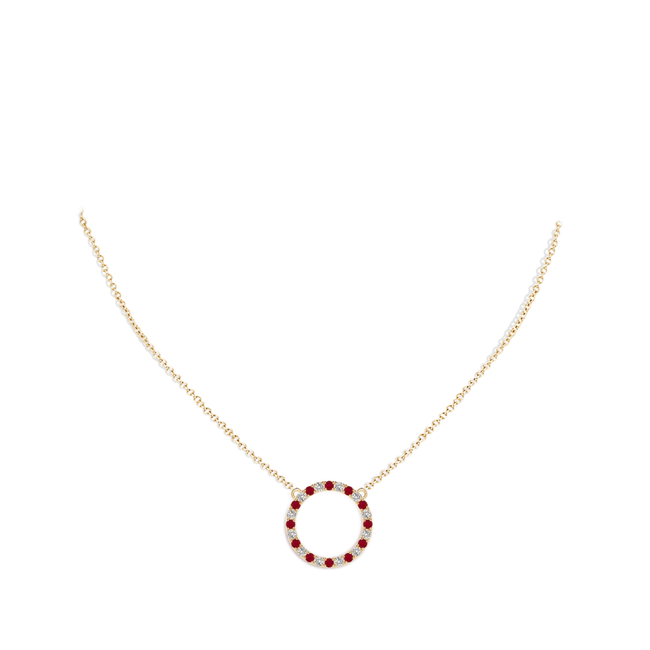 2mm AA Ruby and Diamond Open Circle Eternity Pendant in Yellow Gold pen