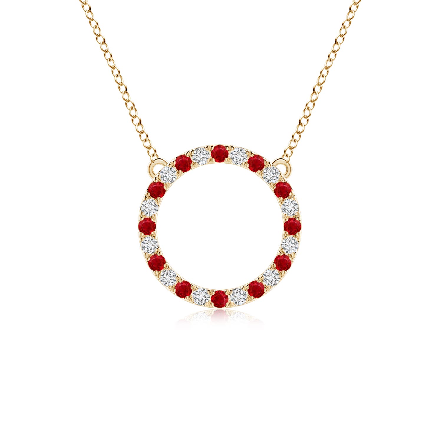 2mm AAA Ruby and Diamond Open Circle Eternity Pendant in Yellow Gold