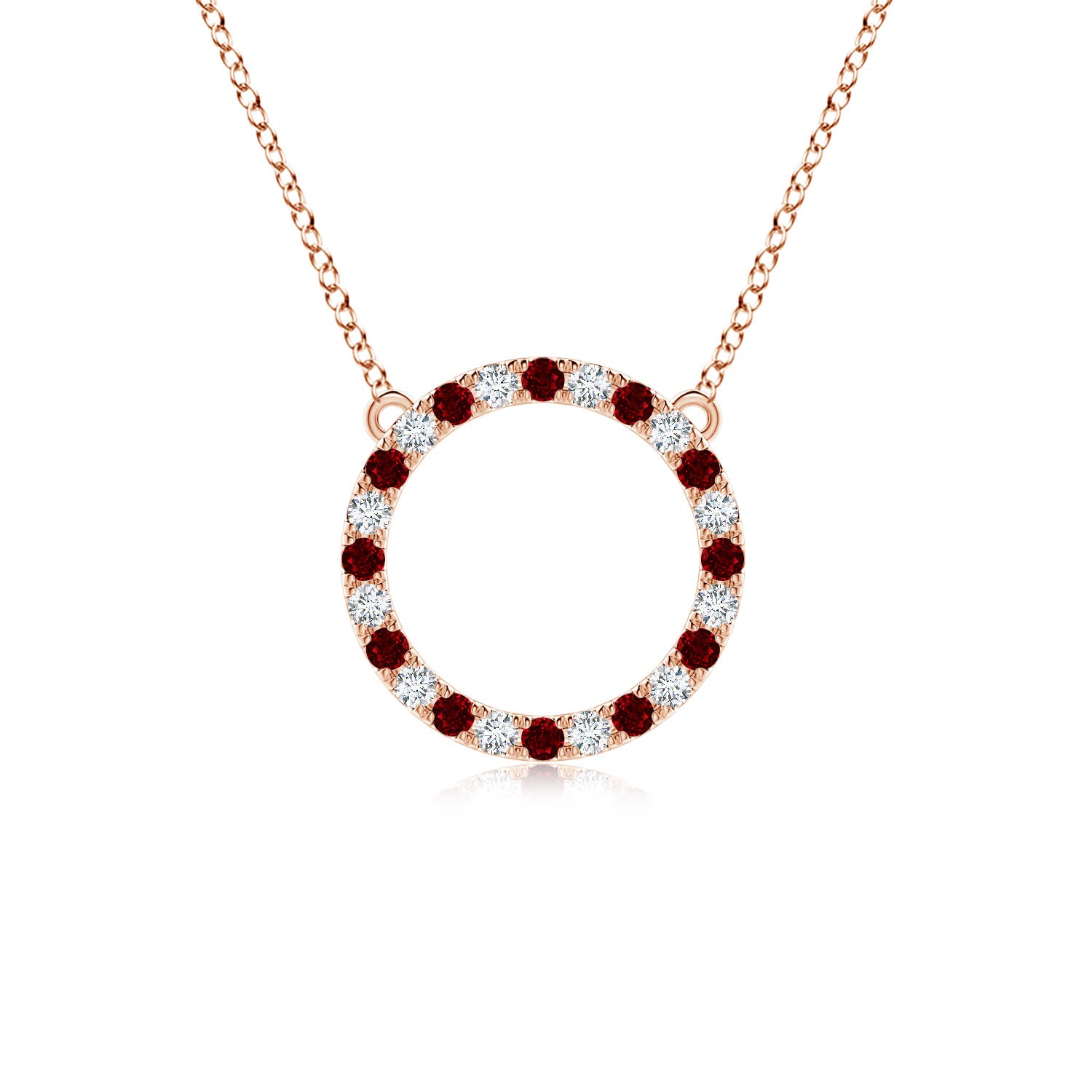 2mm AAAA Ruby and Diamond Open Circle Eternity Pendant in Rose Gold