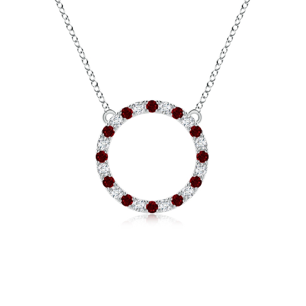 2mm AAAA Ruby and Diamond Open Circle Eternity Pendant in White Gold