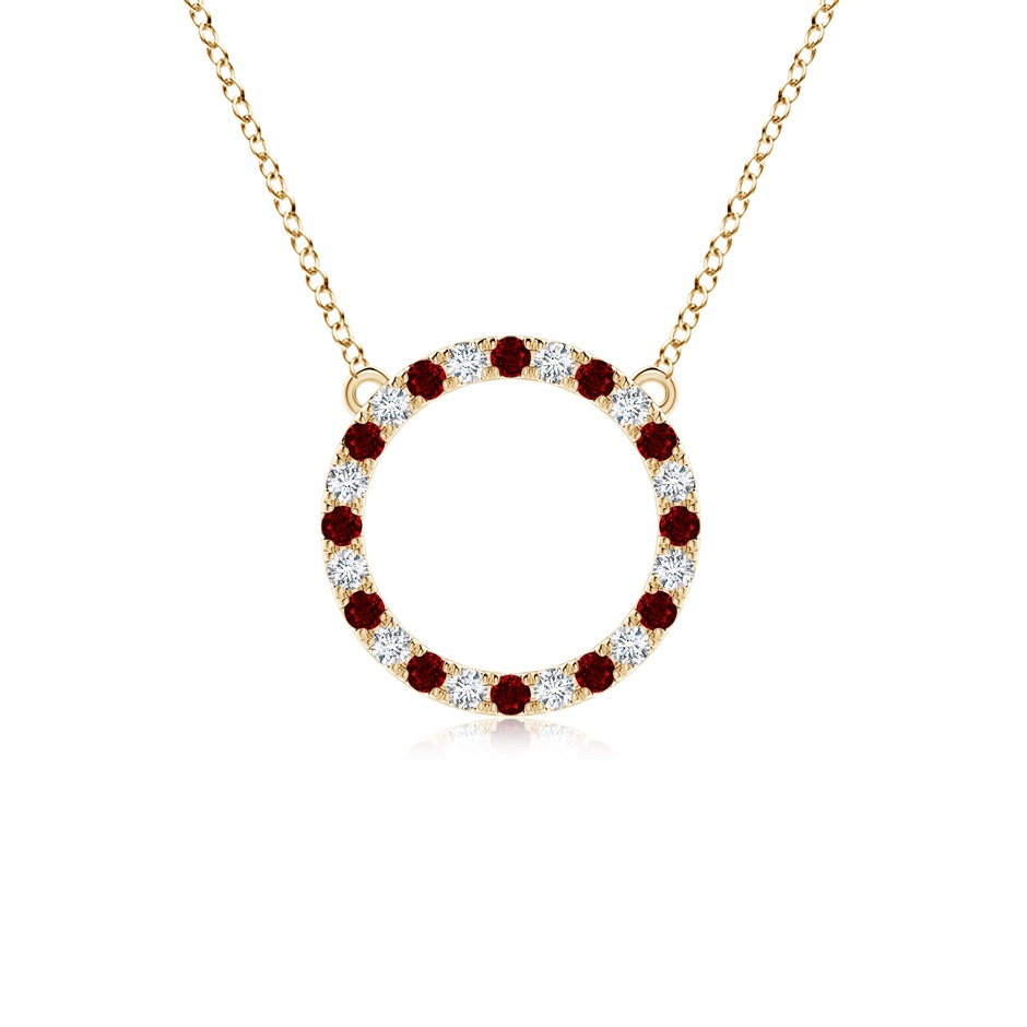 2mm AAAA Ruby and Diamond Open Circle Eternity Pendant in Yellow Gold 