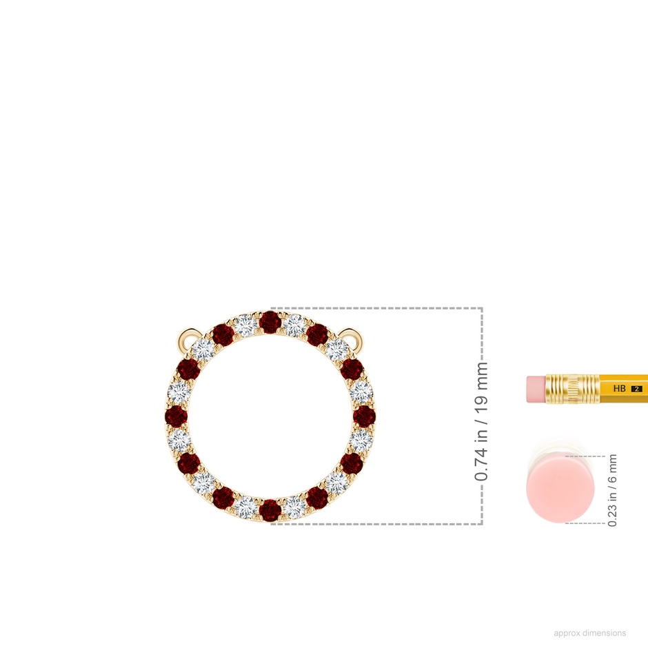 2mm AAAA Ruby and Diamond Open Circle Eternity Pendant in Yellow Gold ruler