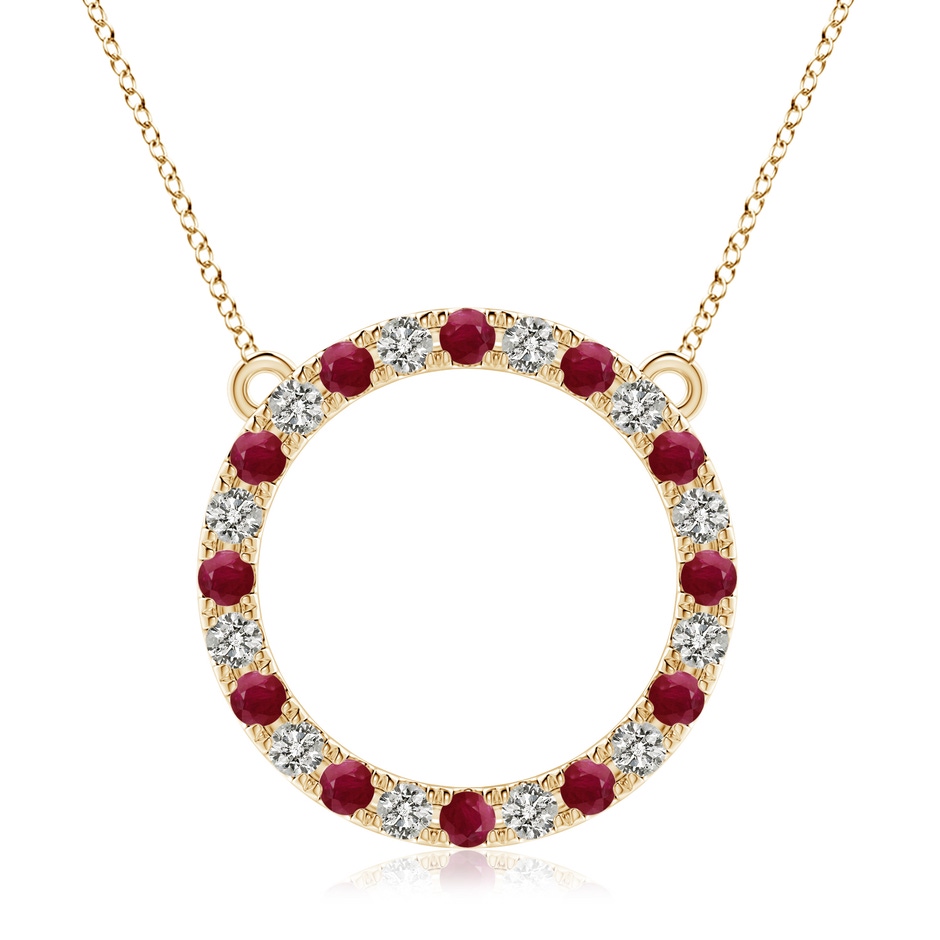 3mm A Ruby and Diamond Open Circle Eternity Pendant in Yellow Gold 