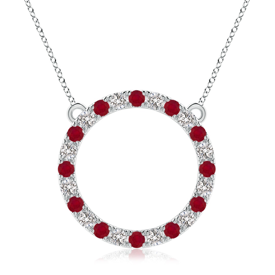 3mm AA Ruby and Diamond Open Circle Eternity Pendant in White Gold 