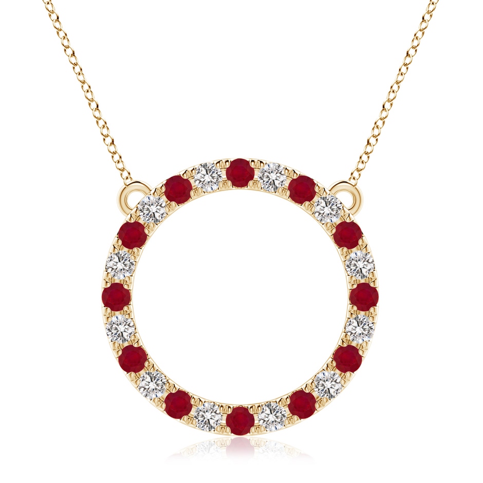 3mm AA Ruby and Diamond Open Circle Eternity Pendant in Yellow Gold 