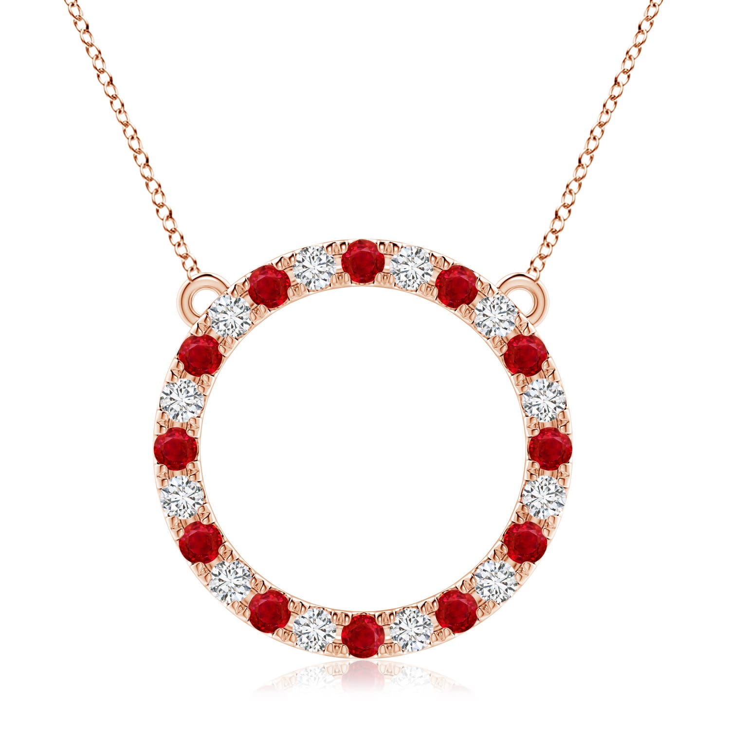 3mm AAA Ruby and Diamond Open Circle Eternity Pendant in 18K Rose Gold
