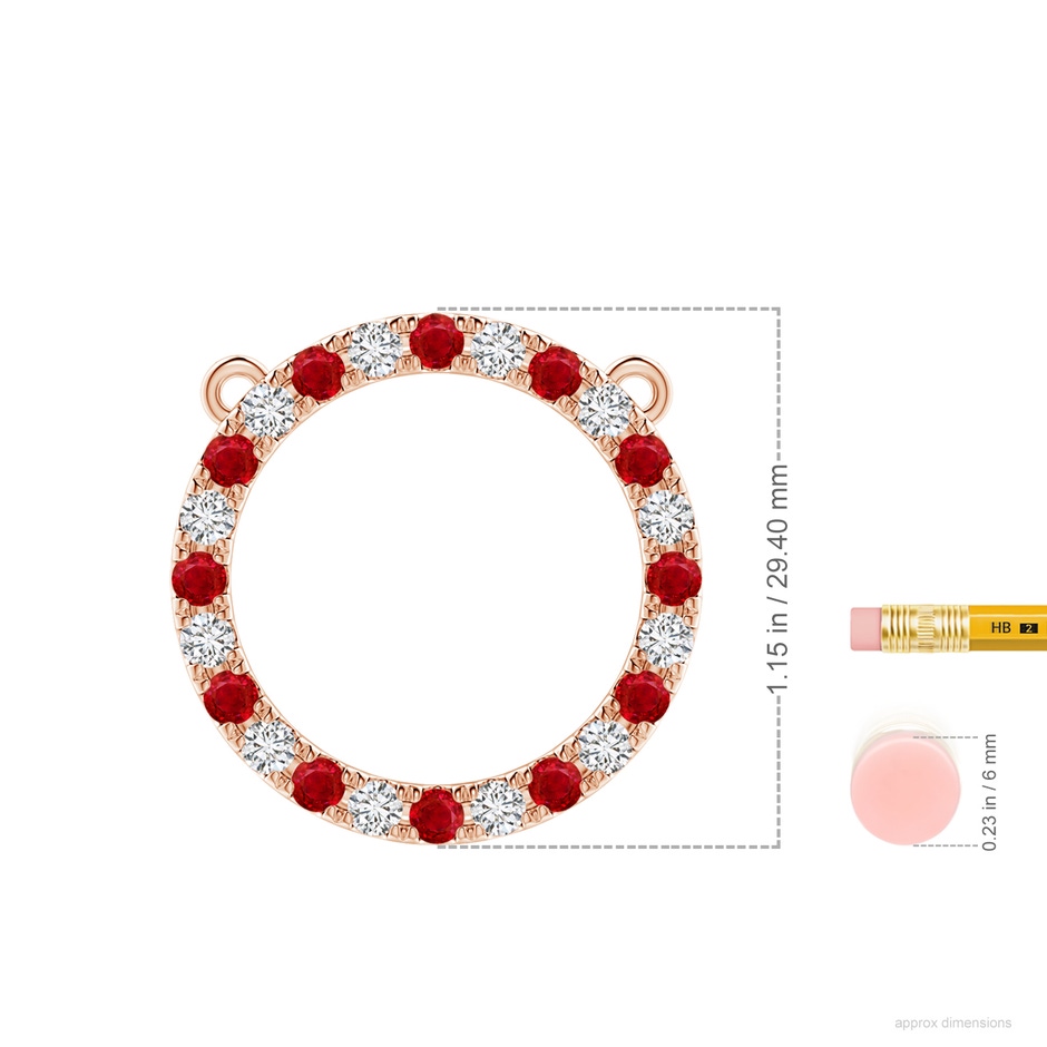 3mm AAA Ruby and Diamond Open Circle Eternity Pendant in Rose Gold ruler