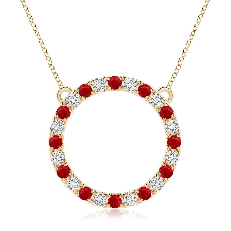 3mm AAA Ruby and Diamond Open Circle Eternity Pendant in Yellow Gold 