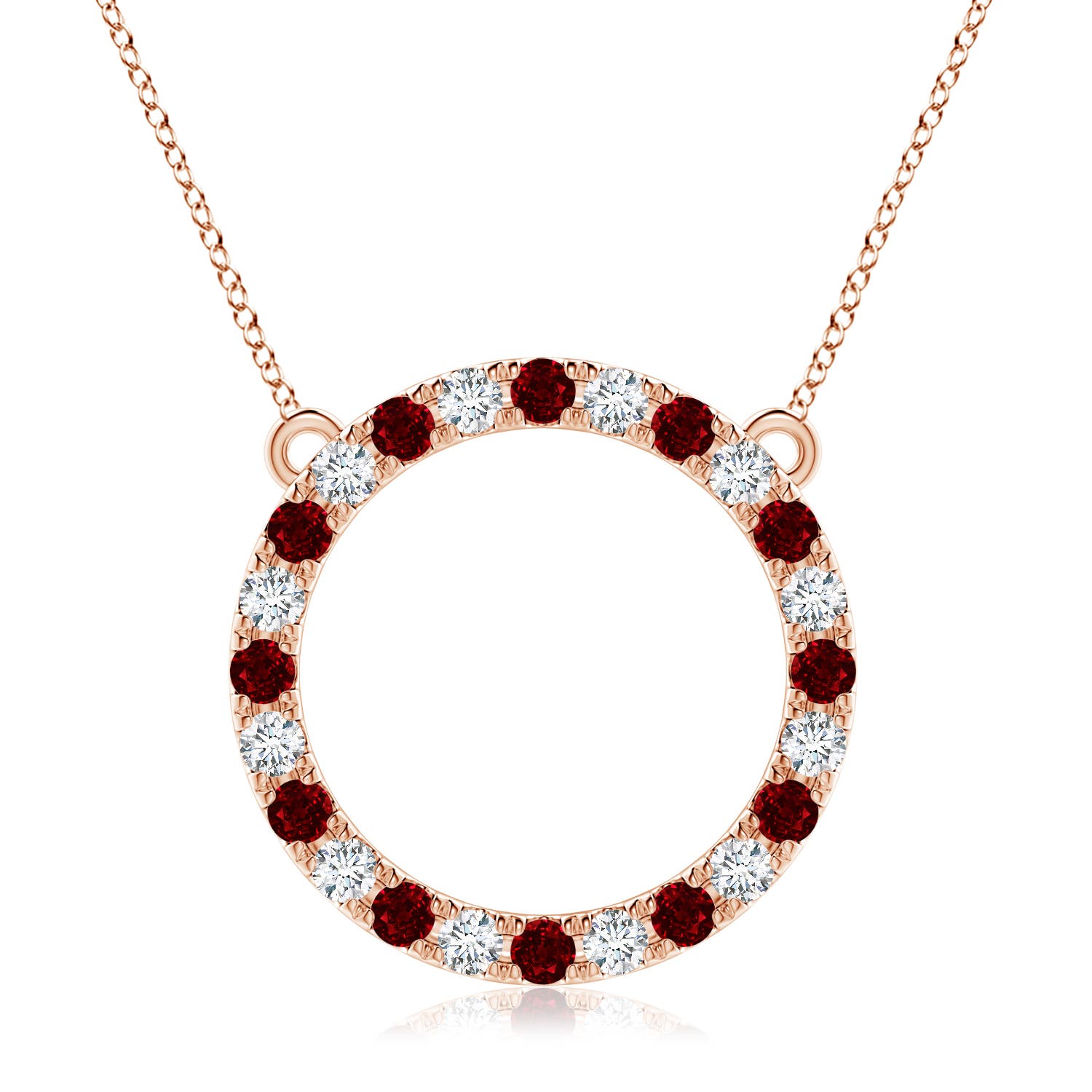 3mm AAAA Ruby and Diamond Open Circle Eternity Pendant in Rose Gold