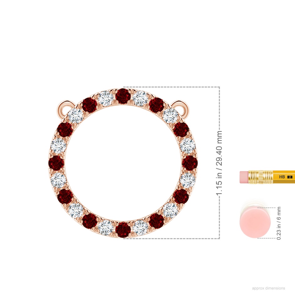 3mm AAAA Ruby and Diamond Open Circle Eternity Pendant in Rose Gold ruler