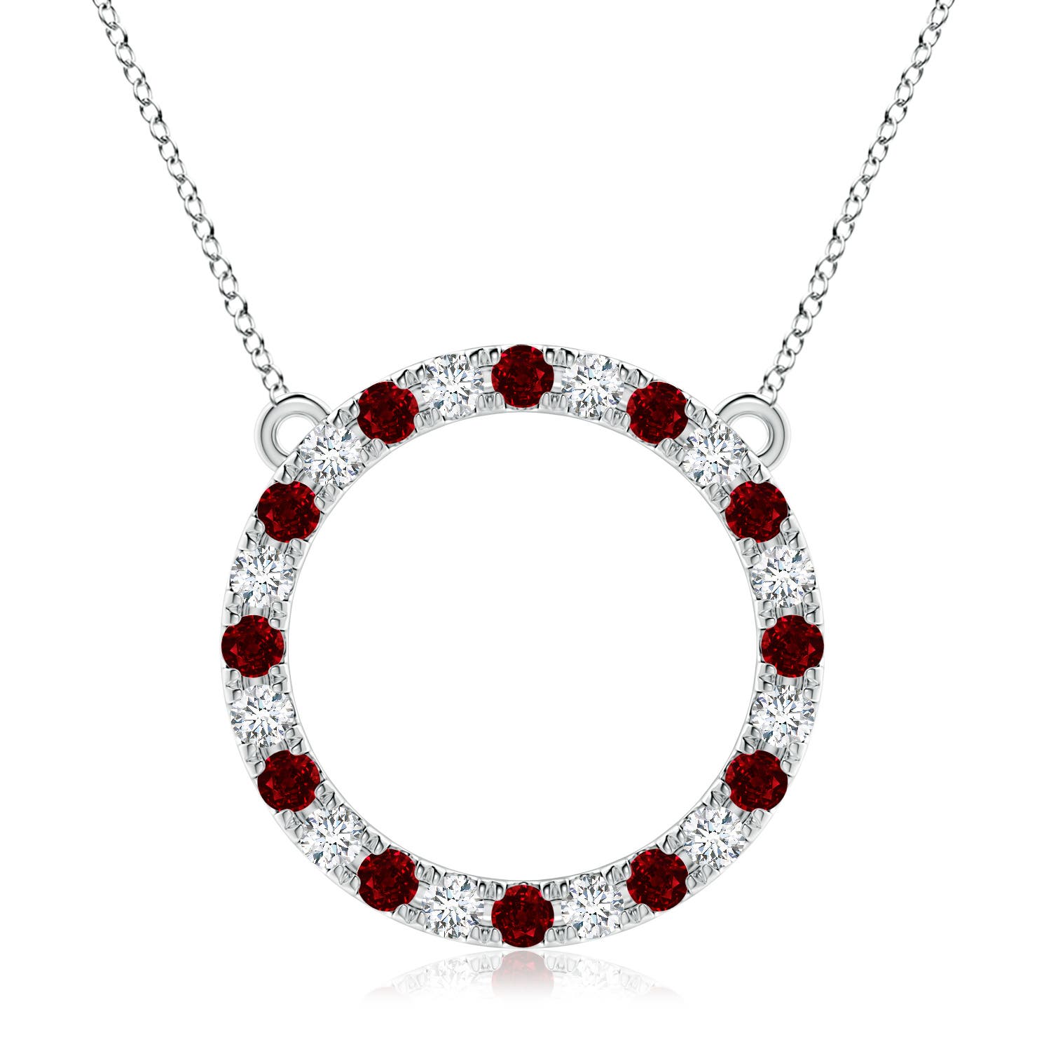 3mm AAAA Ruby and Diamond Open Circle Eternity Pendant in White Gold