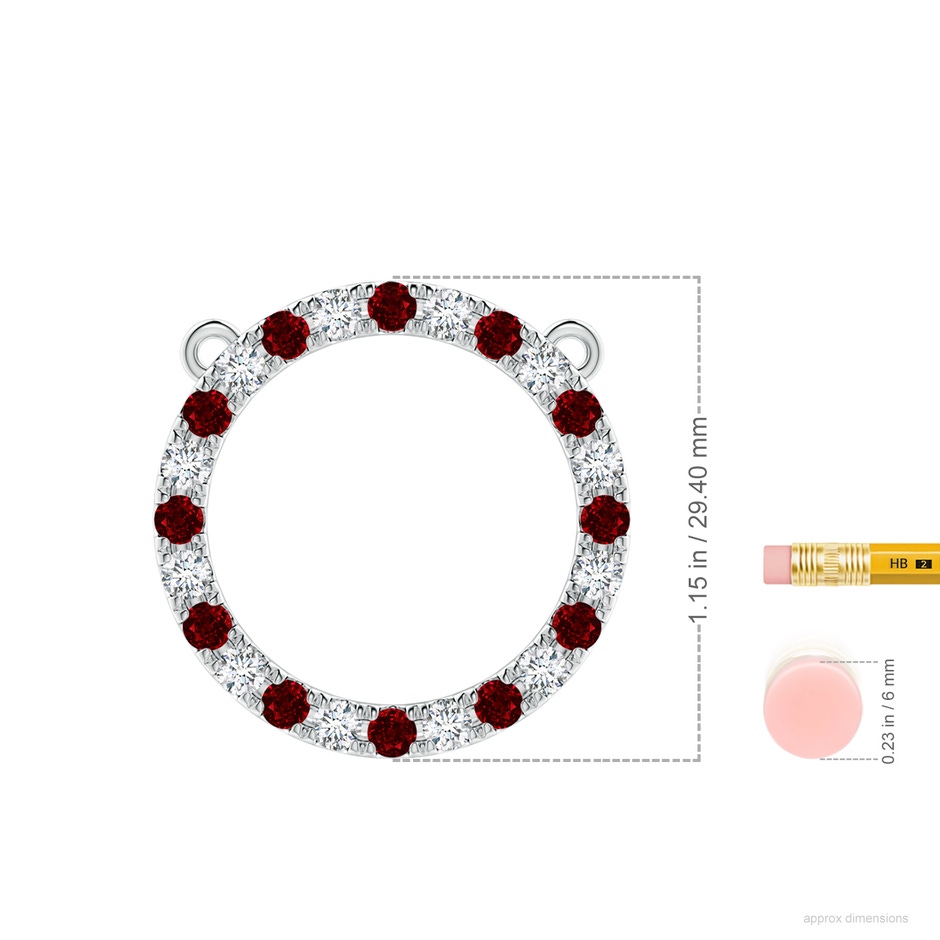 3mm AAAA Ruby and Diamond Open Circle Eternity Pendant in White Gold ruler