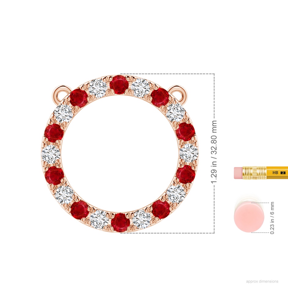 4mm AAA Ruby and Diamond Open Circle Eternity Pendant in Rose Gold ruler