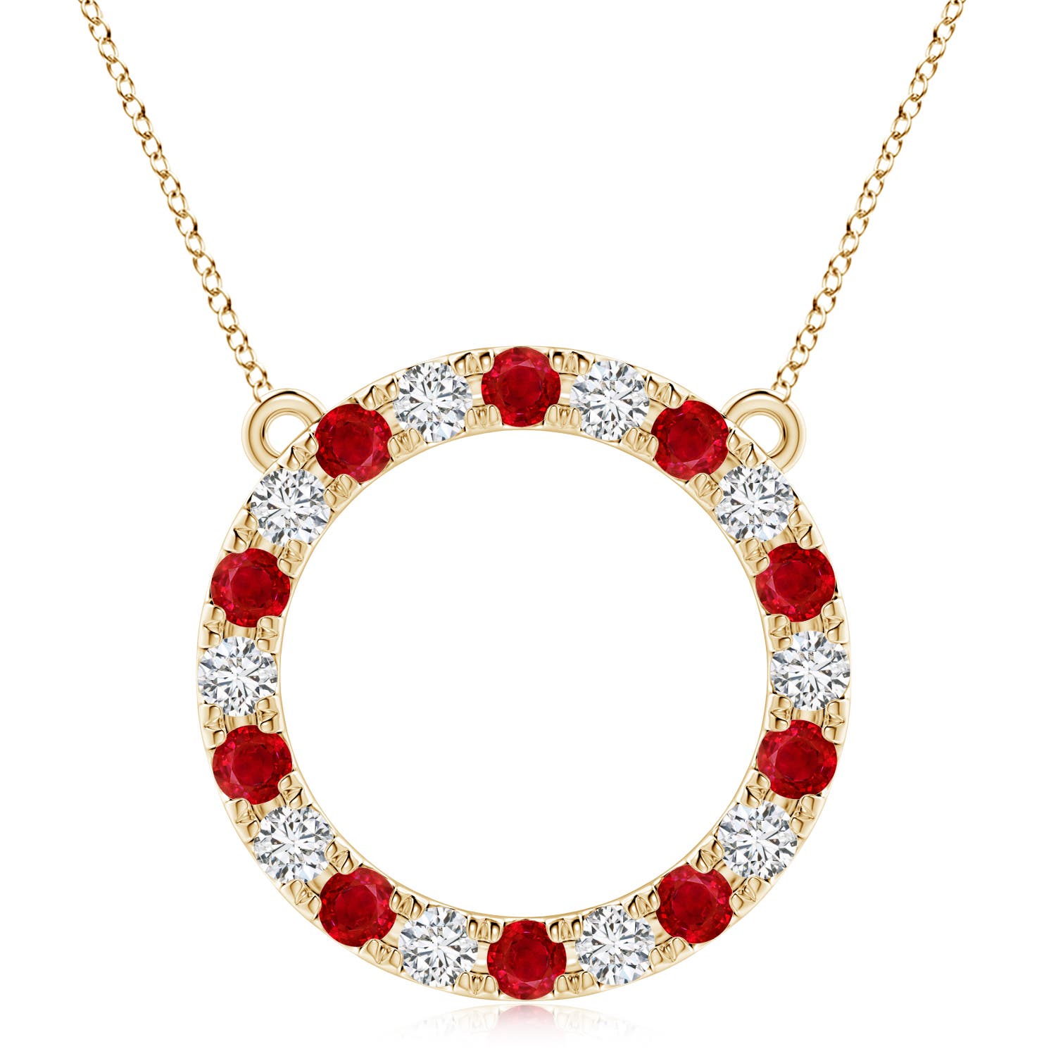 4mm AAA Ruby and Diamond Open Circle Eternity Pendant in Yellow Gold