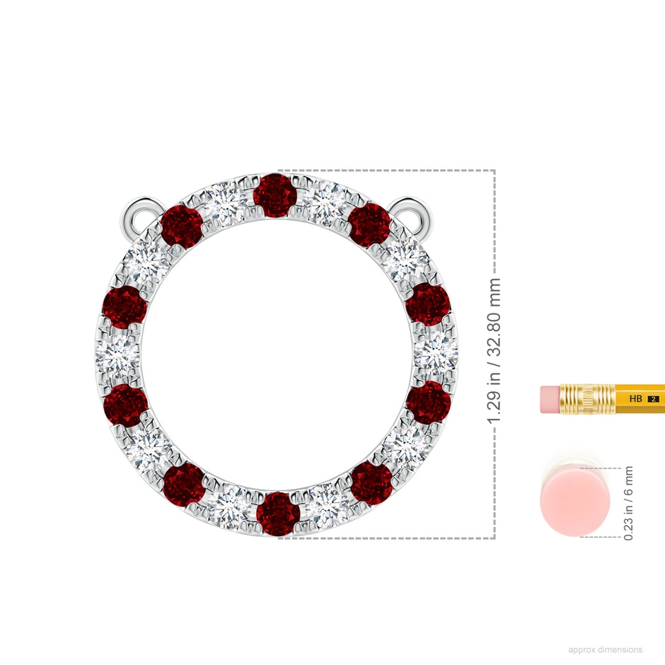 4mm AAAA Ruby and Diamond Open Circle Eternity Pendant in White Gold ruler