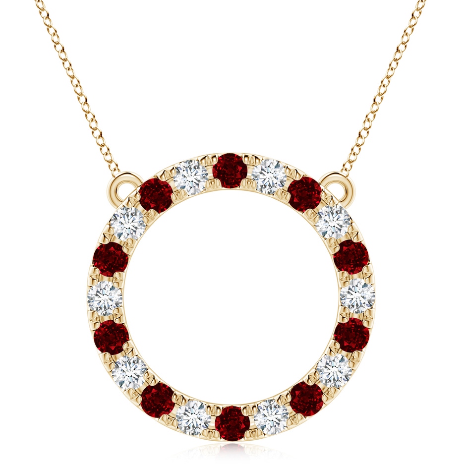4mm AAAA Ruby and Diamond Open Circle Eternity Pendant in Yellow Gold 