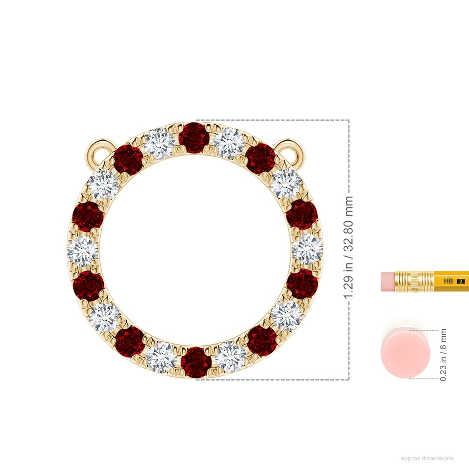 4mm AAAA Ruby and Diamond Open Circle Eternity Pendant in Yellow Gold ruler