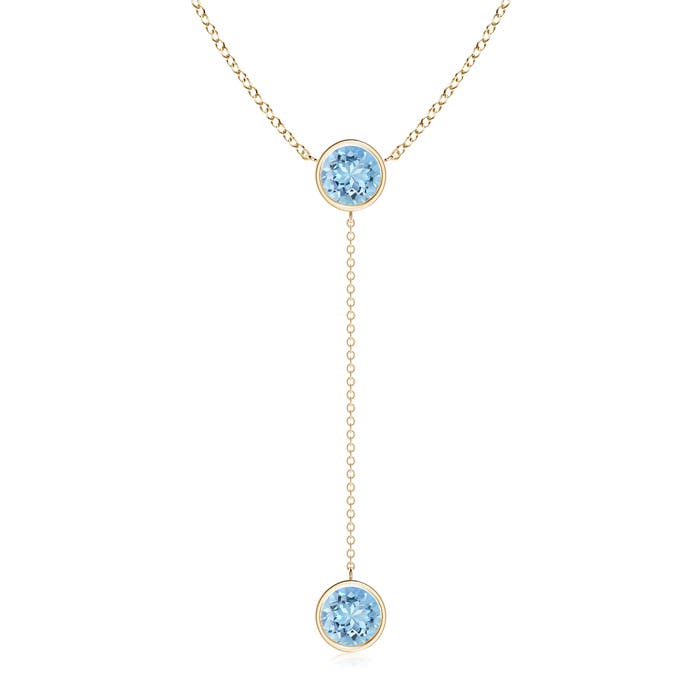 7mm AAAA Bezel-Set Round Aquamarine Lariat Style Necklace in Yellow Gold