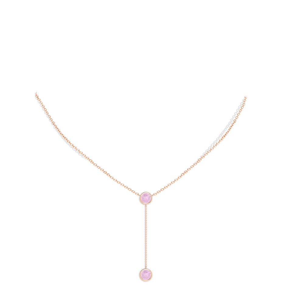 7mm AAAA Bezel-Set Round Rose Quartz Lariat Style Necklace in Rose Gold body-neck