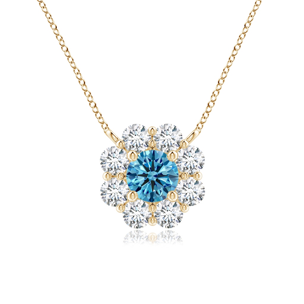 3.9mm AAAA Floral Clustre Fancy Intense Blue Diamond Necklace in Yellow Gold