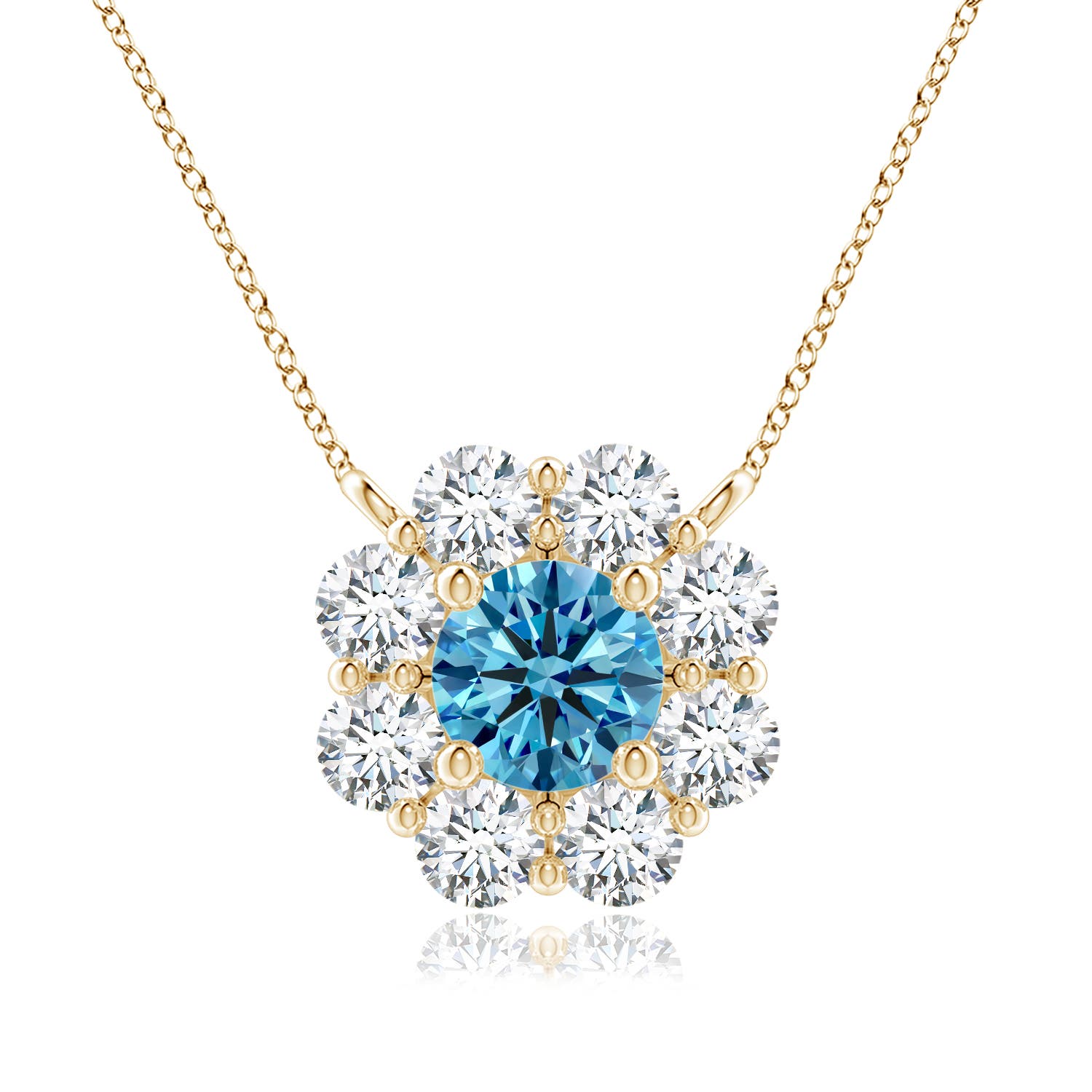 Angara 0.99 CTW Floral Cluster Fancy Intense Blue Diamond Necklace in 18K Yellow Gold