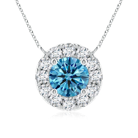 5.1mm AAAA Round Fancy Intense Blue Diamond Necklace with Halo in 18K White Gold