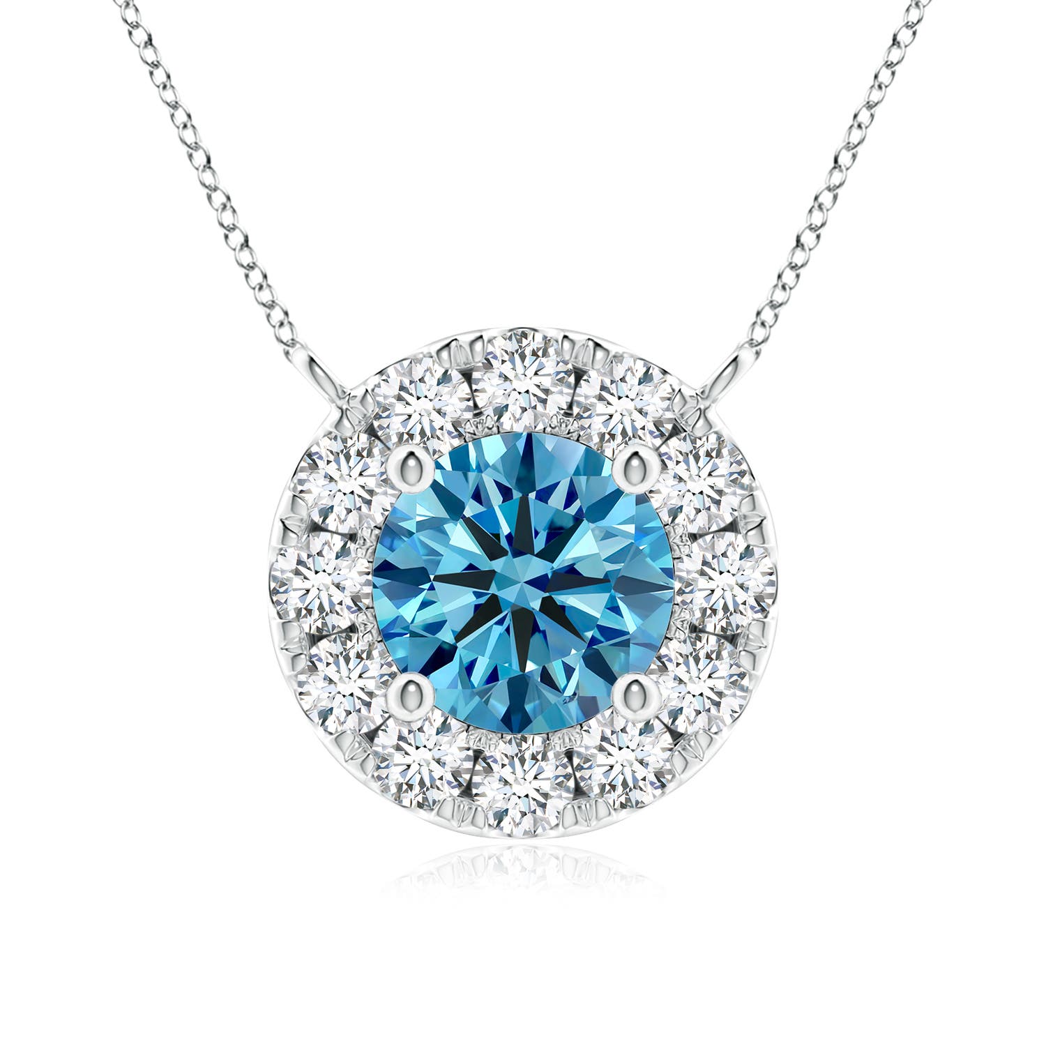 Angara 0.75 CTW Round Fancy Intense Blue Diamond Necklace with Halo in Platinum