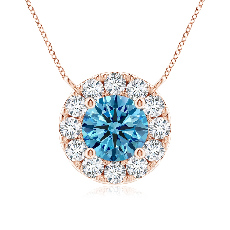5.1mm AAAA Round Fancy Intense Blue Diamond Necklace with Halo in Rose Gold 