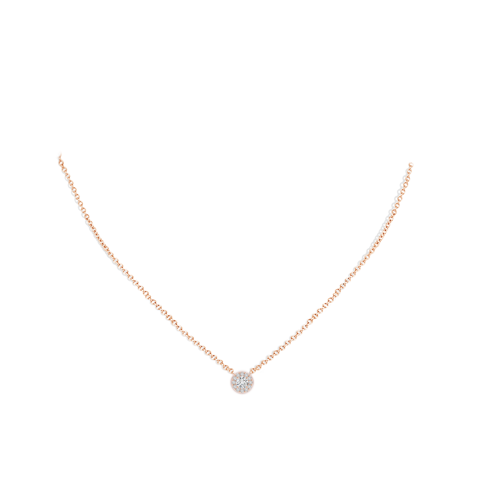 4.1mm HSI2 Round Diamond Necklace with Halo in Rose Gold body-neck