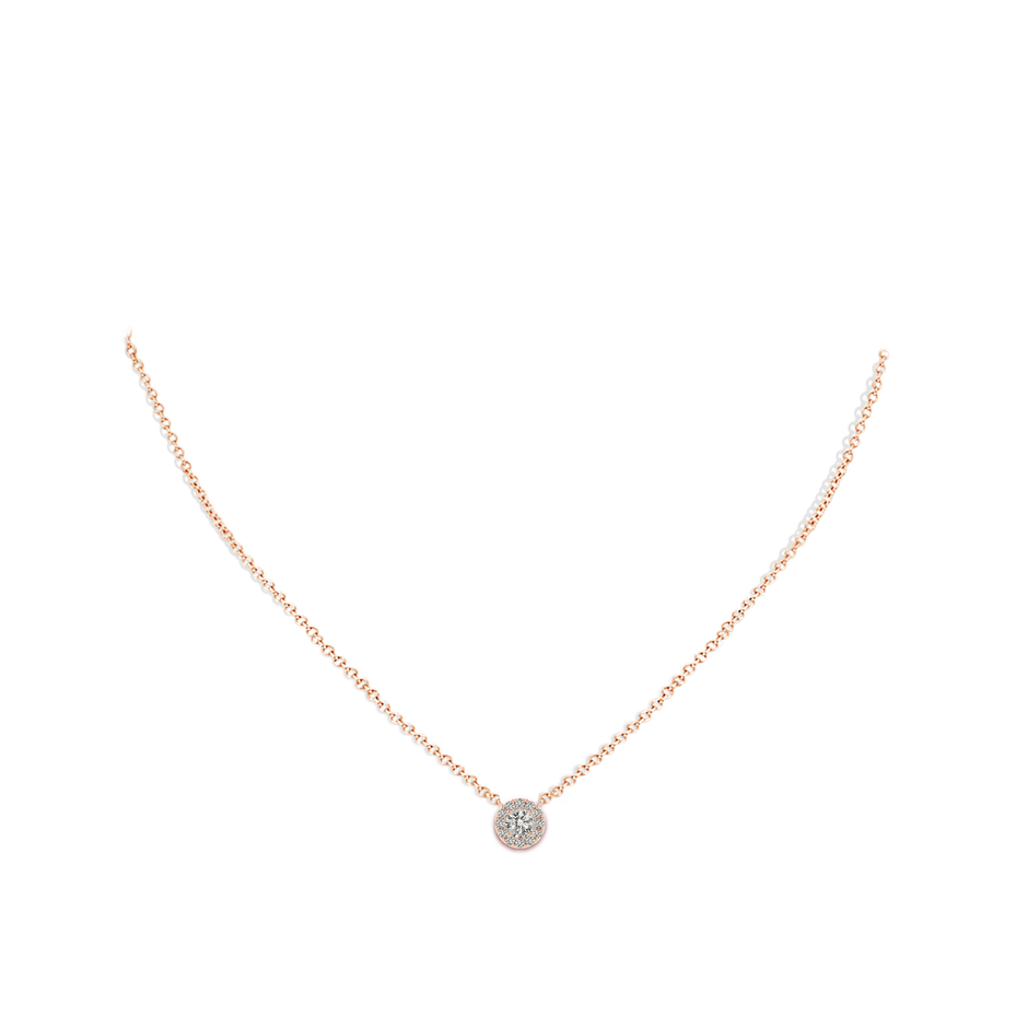 4.5mm KI3 Round Diamond Necklace with Halo in Rose Gold body-neck