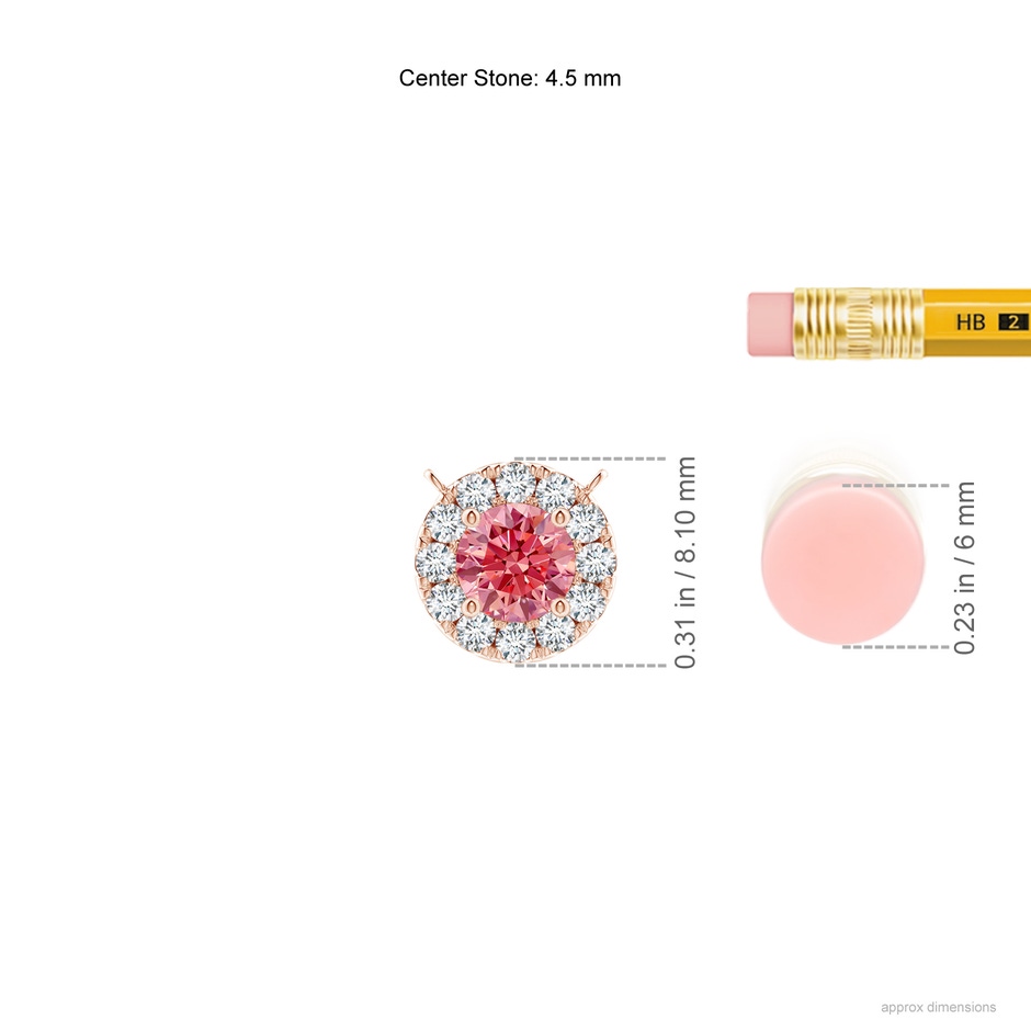 4.5mm AAAA Round Fancy Intense Pink Diamond Necklace with Halo in Rose Gold ruler