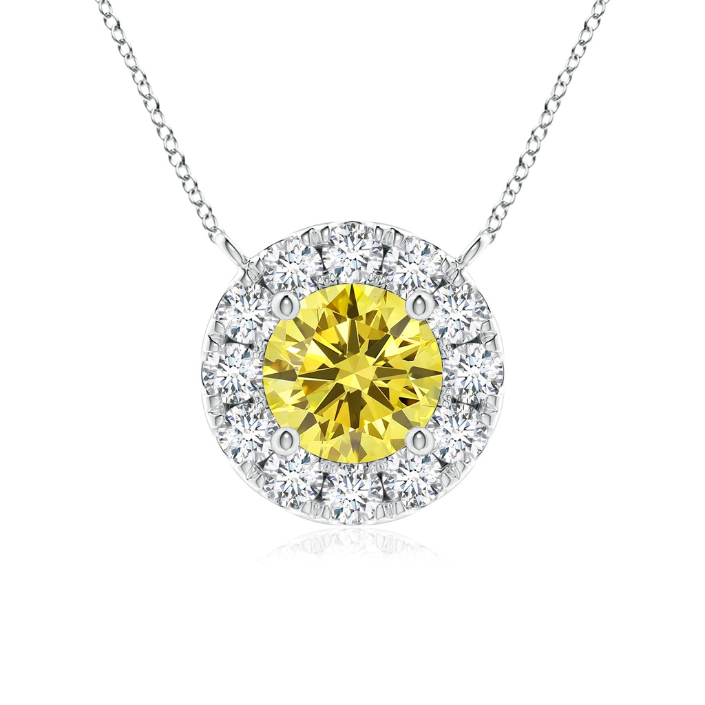 4.5mm AAAA Round Fancy Intense Yellow Diamond Necklace with Halo in P950 Platinum