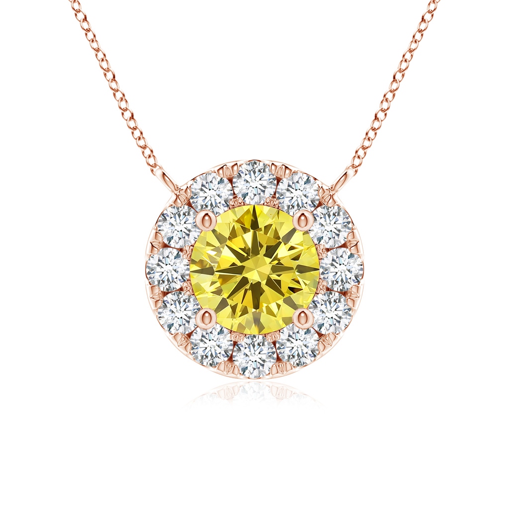 4.5mm AAAA Round Fancy Intense Yellow Diamond Necklace with Halo in Rose Gold