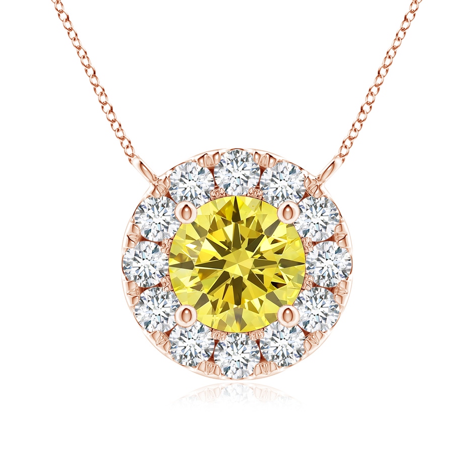 5.1mm AAAA Round Fancy Intense Yellow Diamond Necklace with Halo in Rose Gold 