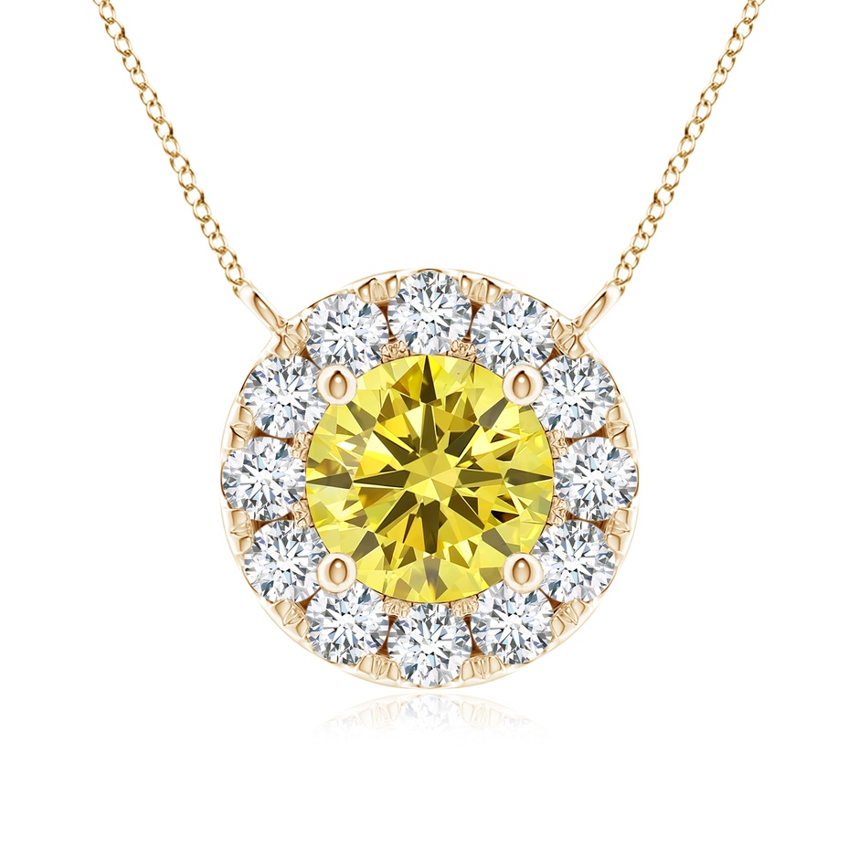 5.1mm AAAA Round Fancy Intense Yellow Diamond Necklace with Halo in Yellow Gold 