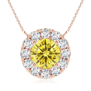 5.8mm AAAA Round Fancy Intense Yellow Diamond Necklace with Halo in 10K Rose Gold