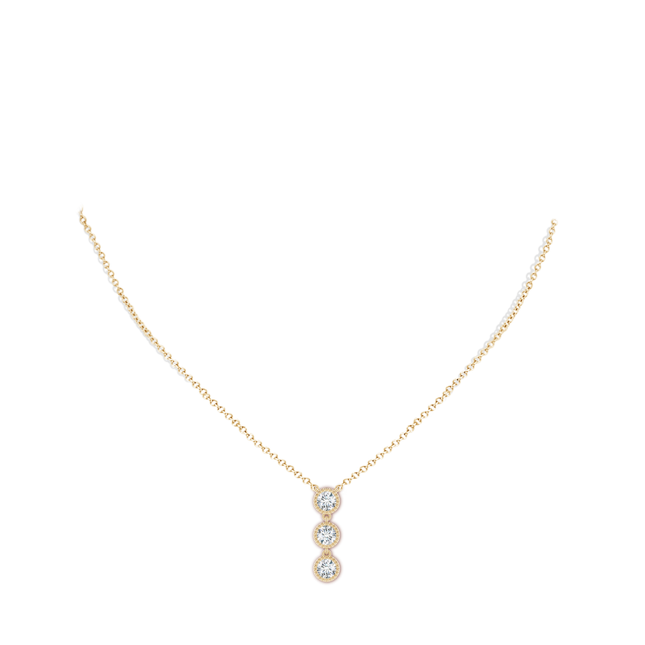 4.1mm GVS2 Bezel-Set Three Stone Diamond Necklace in Yellow Gold body-neck