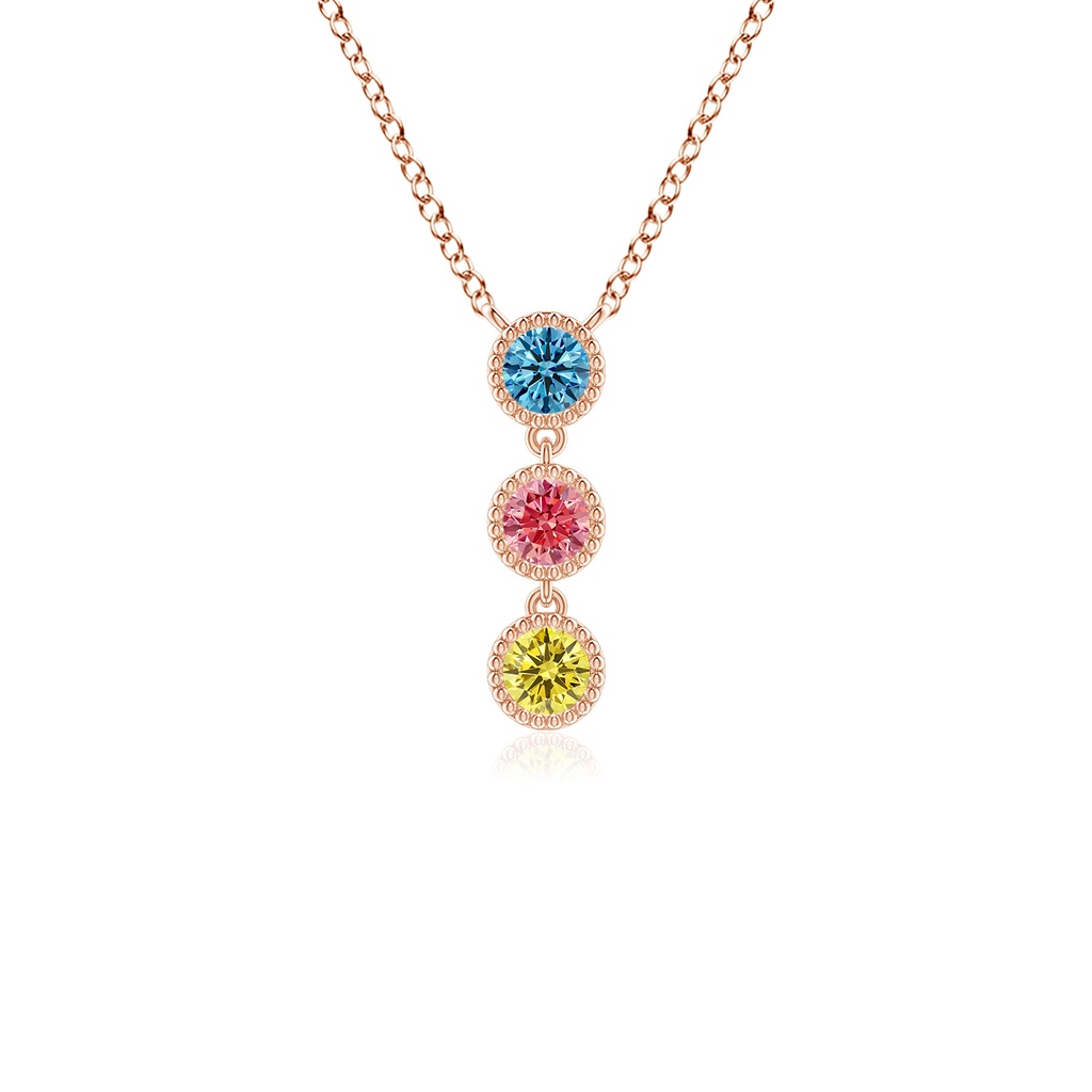 2.8mm AAAA Bezel-Set Three Stone Fancy Intense Multi-Colour Diamond Necklace in Rose Gold