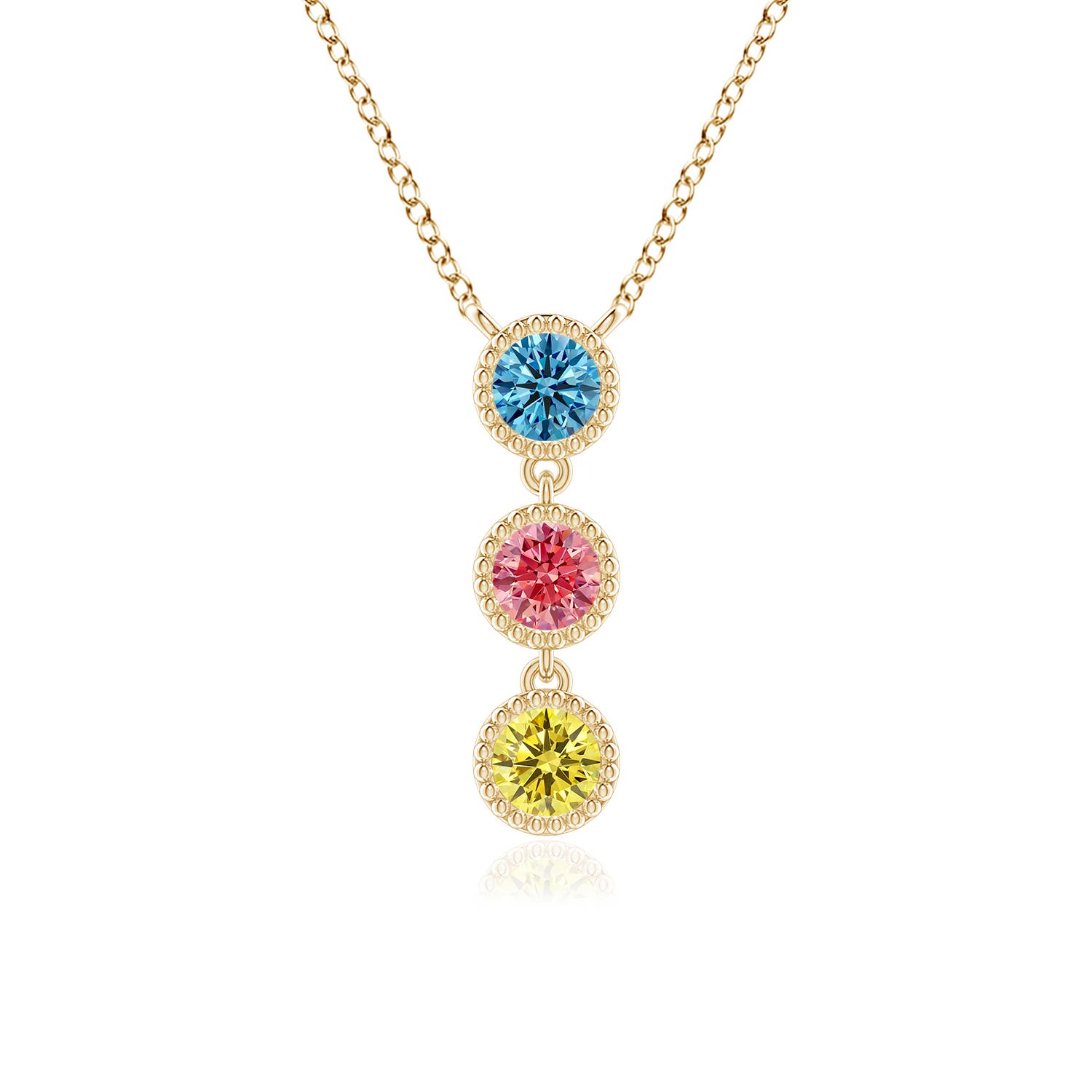 Angara 0.52 CTW Bezel-Set Three Stone Fancy Intense Multi-Color Diamond Necklace in 18K Yellow Gold