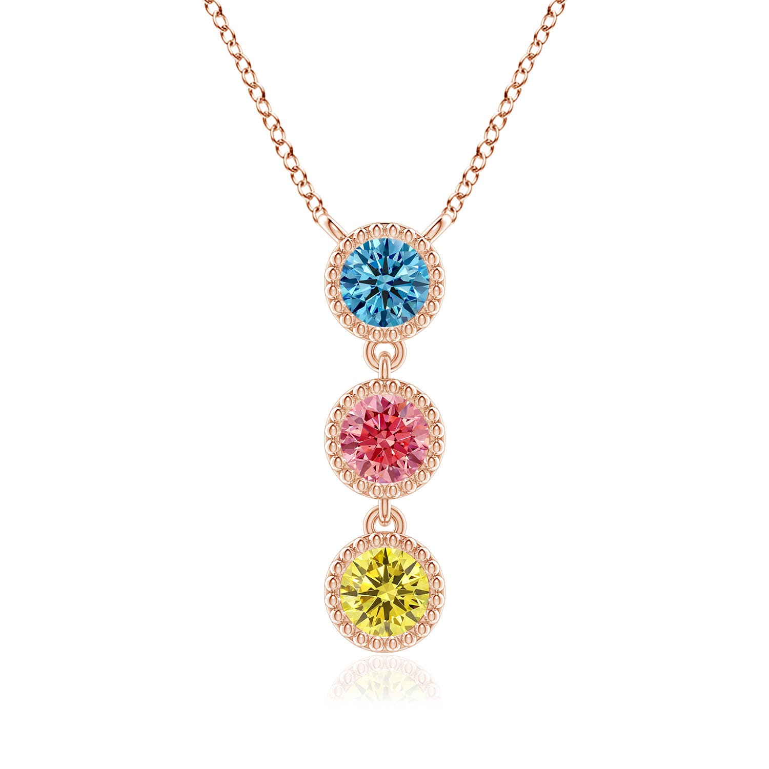 Angara 0.75 CTW Bezel-Set Three Stone Fancy Intense Multi-Color Diamond Necklace in 18K Rose Gold