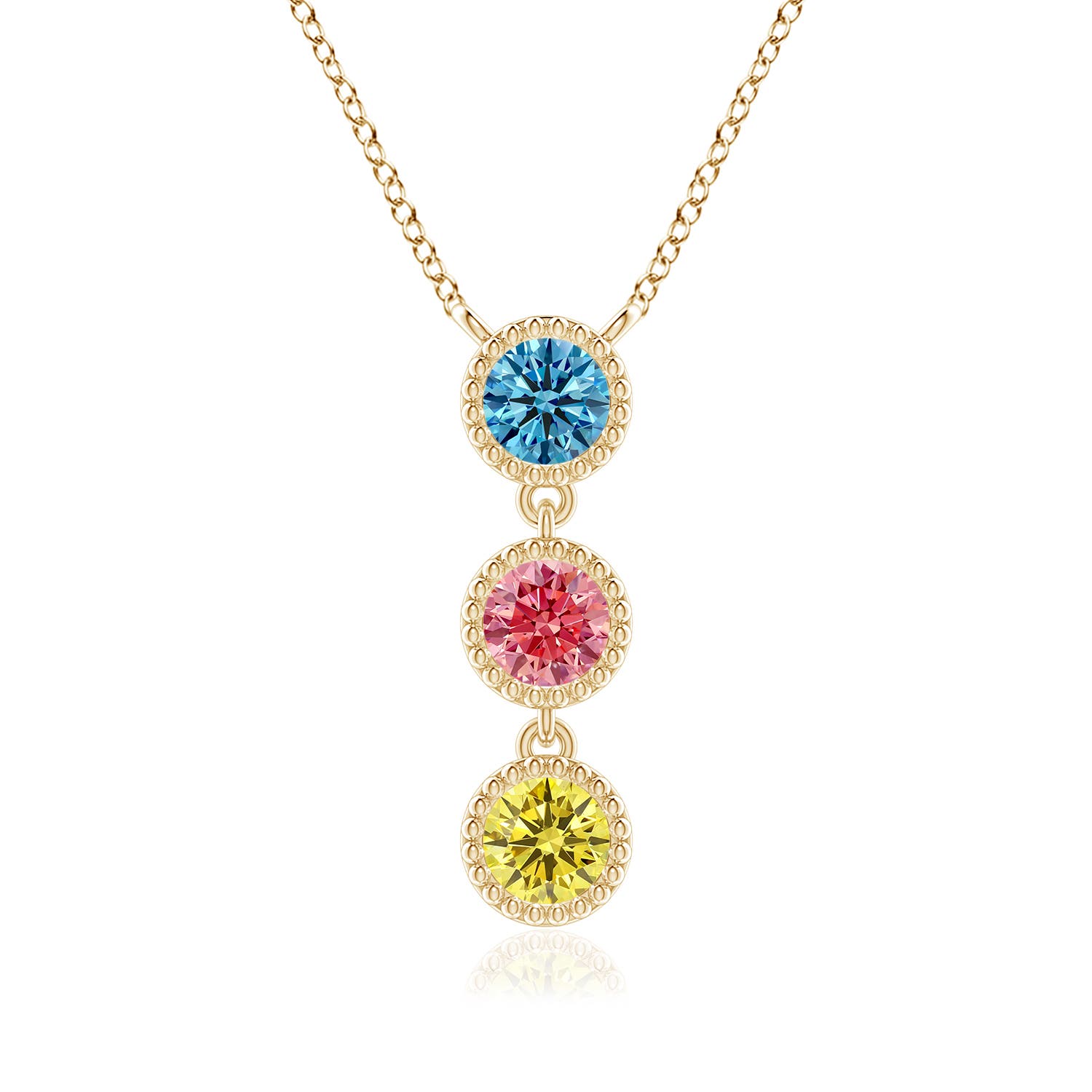 Angara 0.75 CTW Bezel-Set Three Stone Fancy Intense Multi-Color Diamond Necklace in 18K Yellow Gold